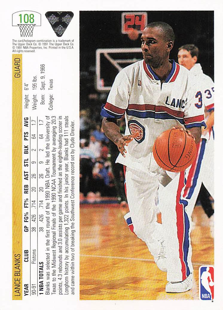 1991-92 Upper Deck Basketball Lance Blanks #108b