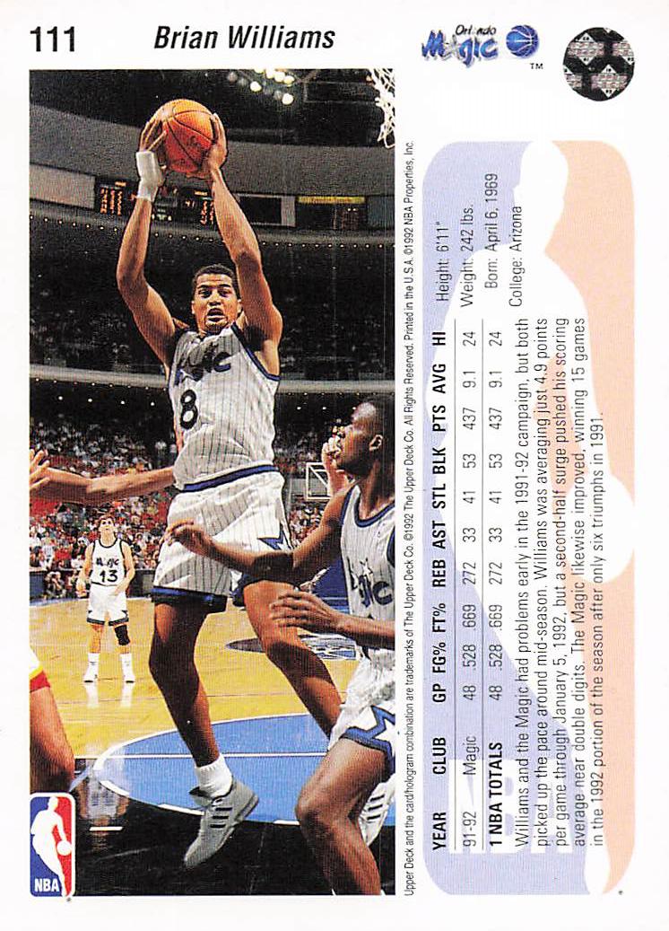 1992-93 Upper Deck Basketball Brian Williams #111b