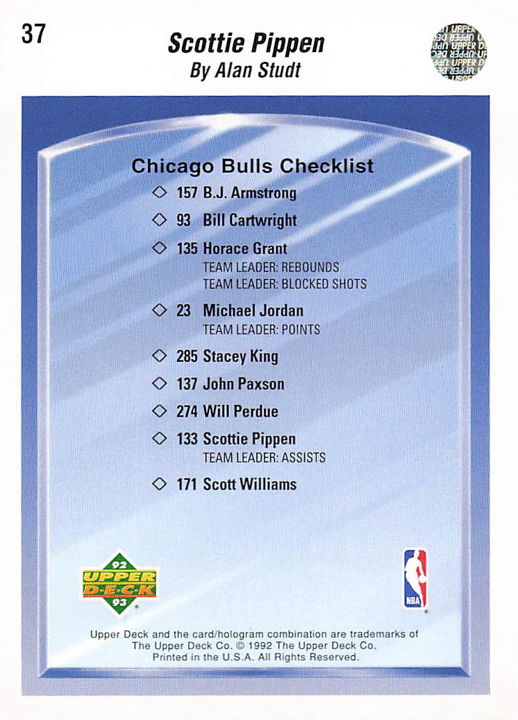 1992-93 Upper Deck Basketball Scottie Pippen #37b