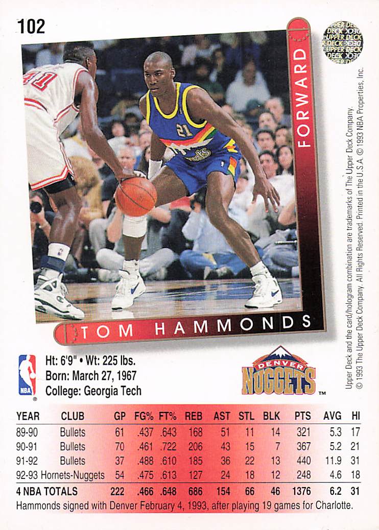 1993-94 Upper Deck Basketball Tom Hammonds #102