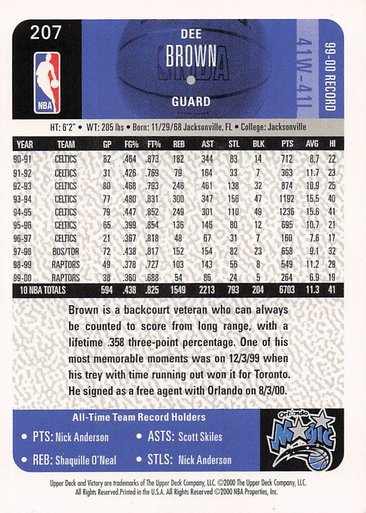 2000-01 Upper Deck Victory Basketball Dee Brown #207