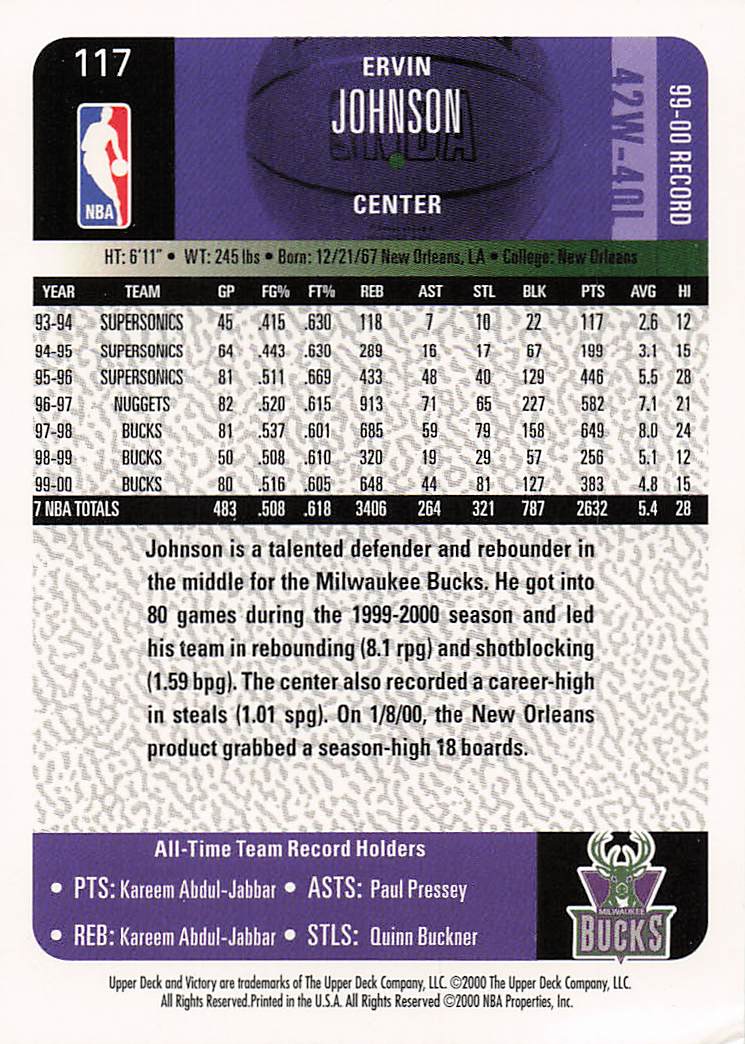 2000-01 Upper Deck Victory Basketball Ervin Johnson #117