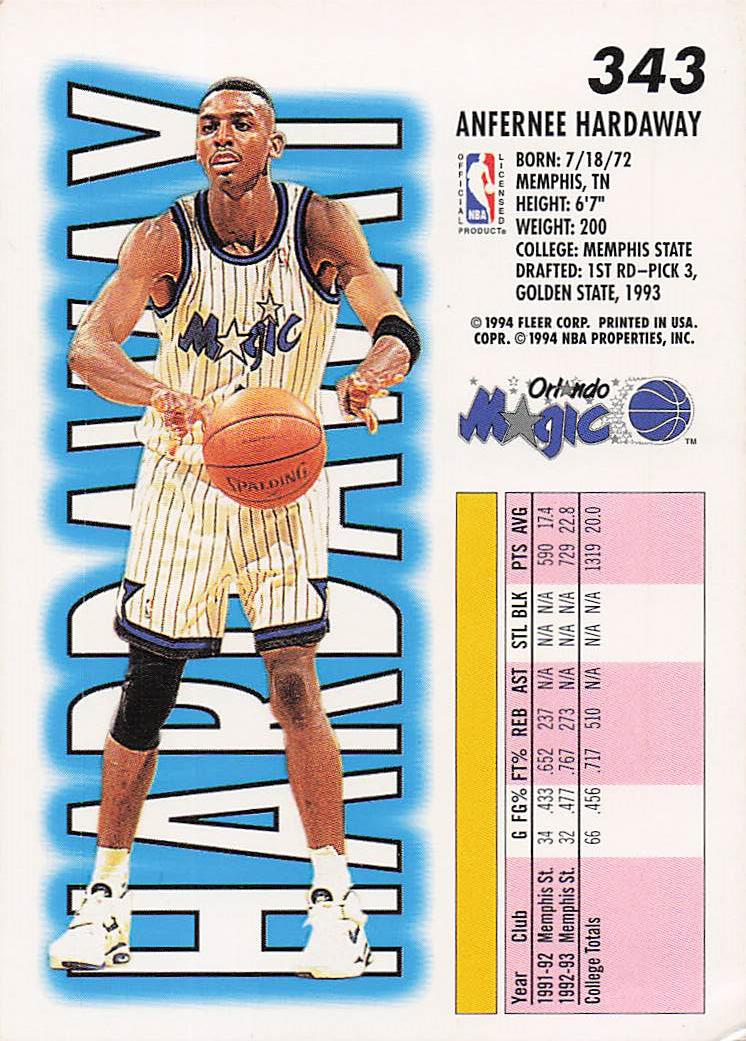 1993-94 Fleer Basketball Anfernee Hardaway #343 Rookie