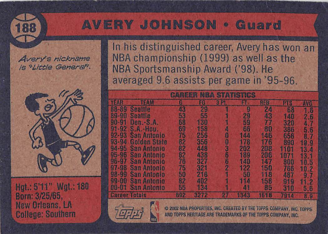 2001-02 Topps Heritage Basketball Avery Johnson #188