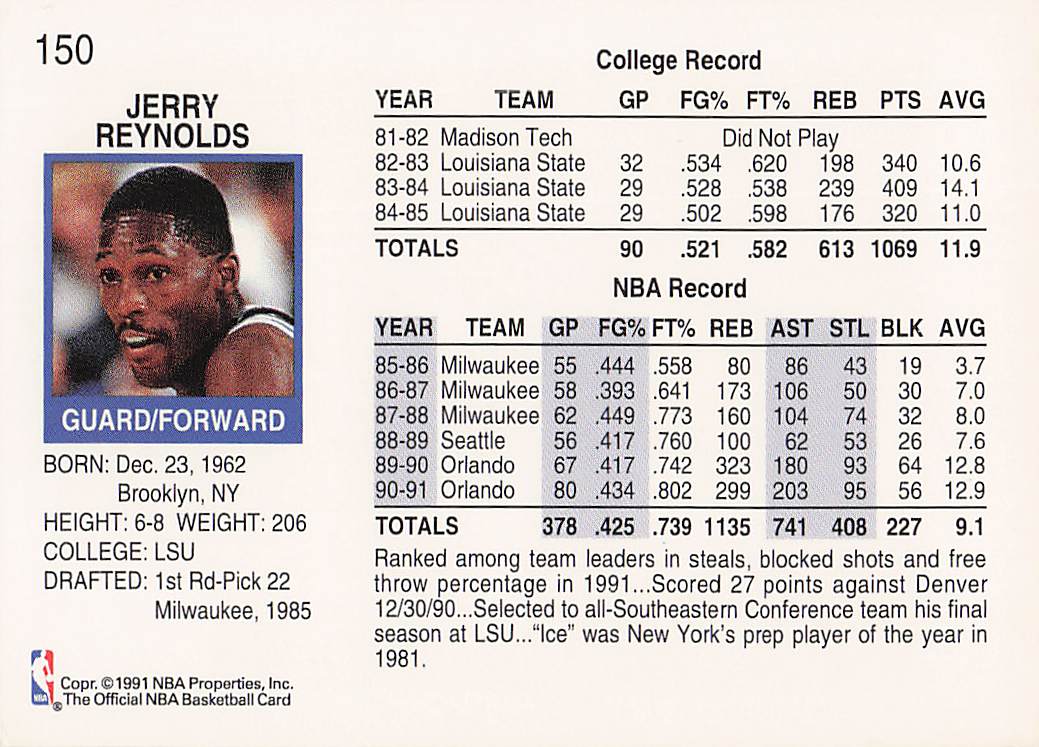 1991-92 Hoops Basketball Jerry Reynolds #150