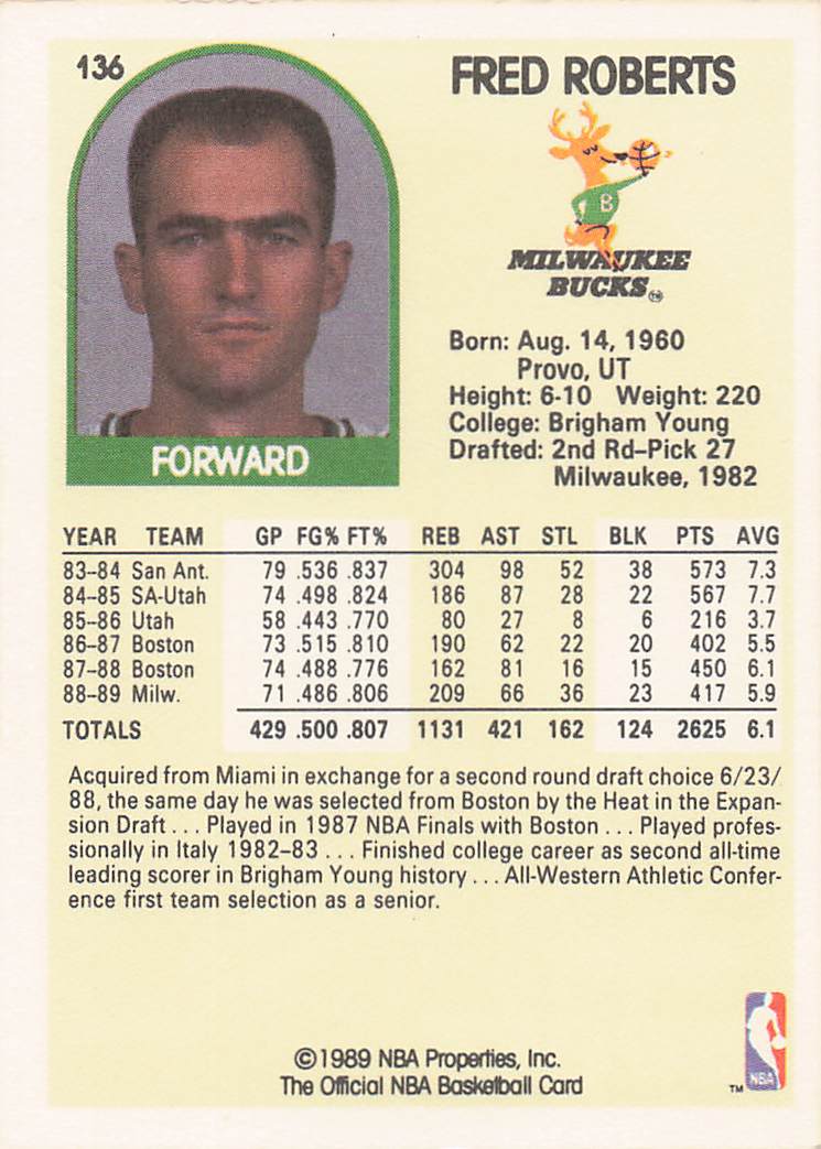 1989-90 Hoops Basketball Fred Roberts #136 Rookie