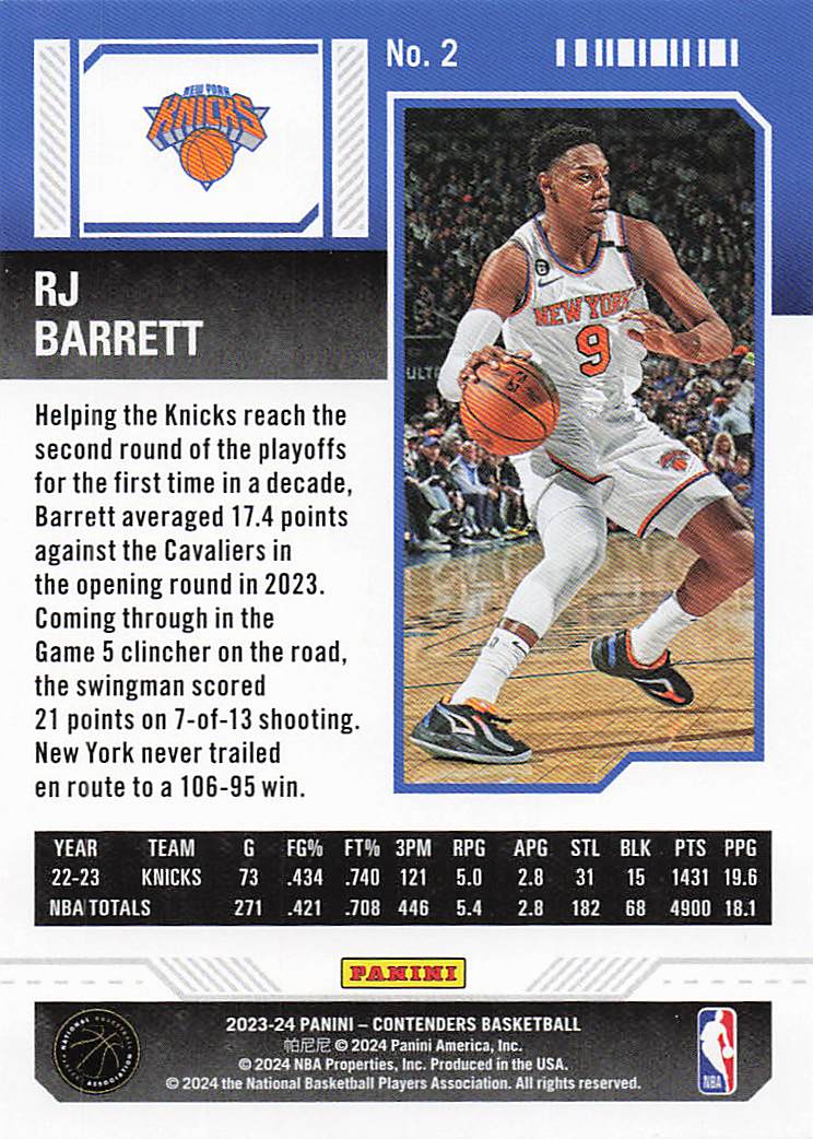 2023-24 Panini Contenders Basketball Season Ticket Retail RJ Barrett #2