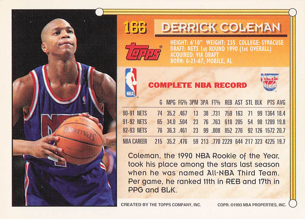 1993-94 Topps Basketball Derrick Coleman #166