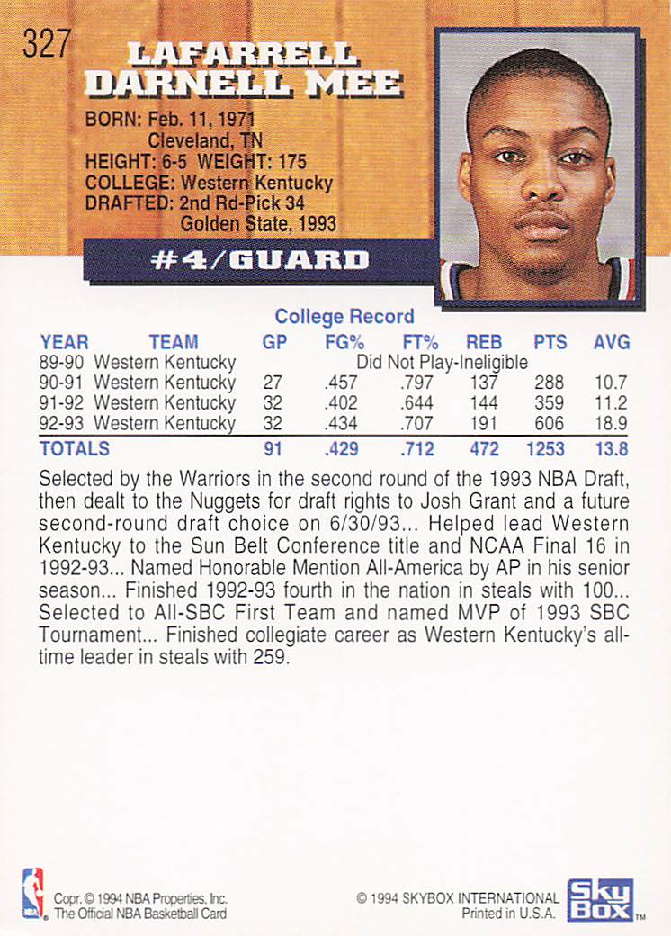 1993-94 Hoops Basketball Darnell Mee #327 Rookie