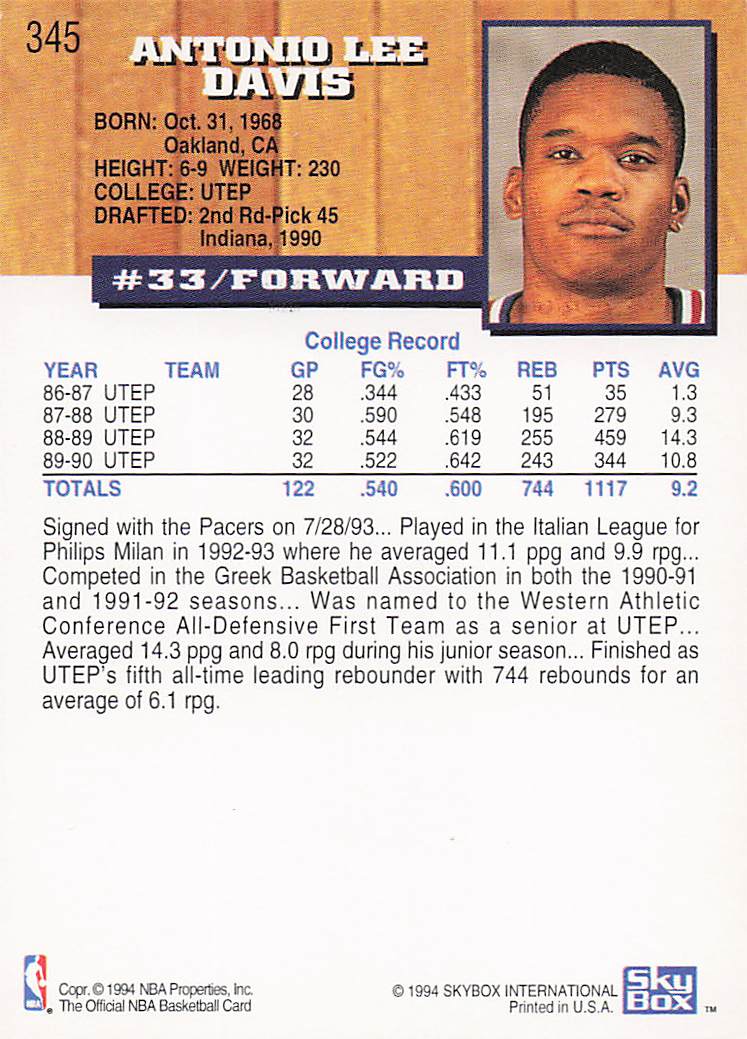 1993-94 Hoops Basketball Antonio Davis #345 Rookie