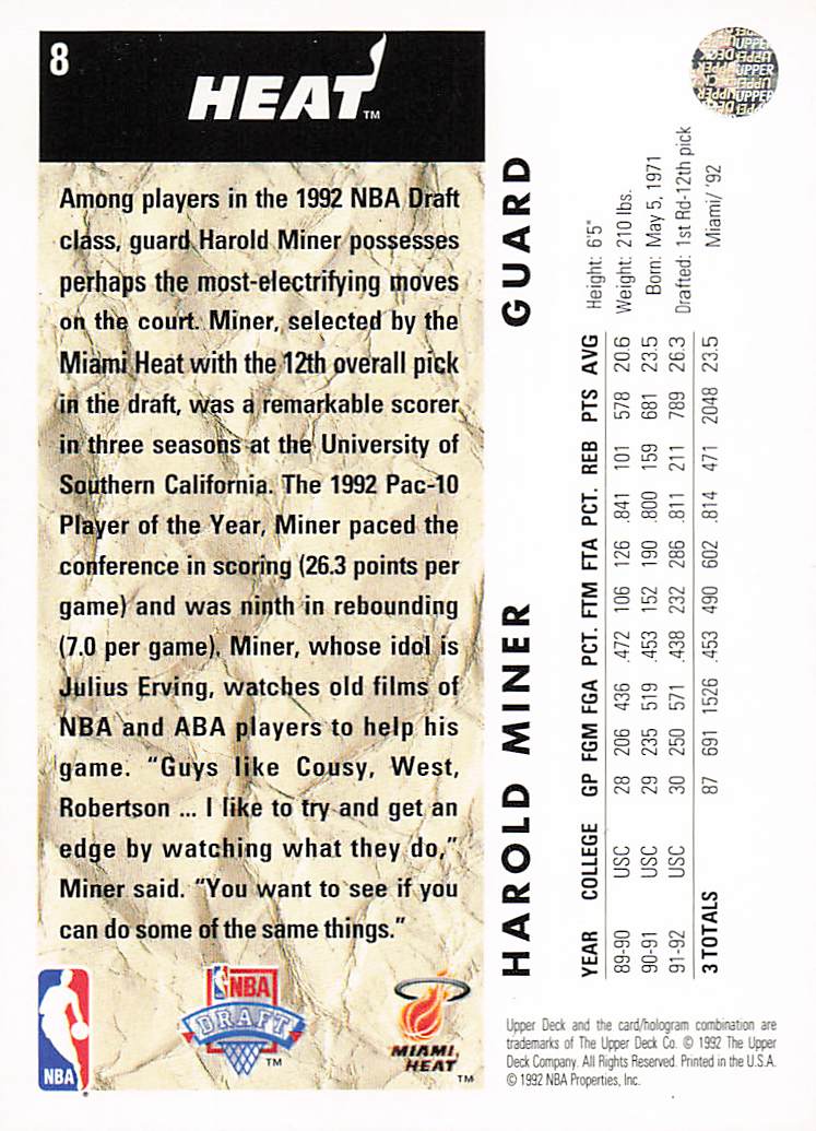 1992-93 Upper Deck Basketball Harold Miner #8 Rookie