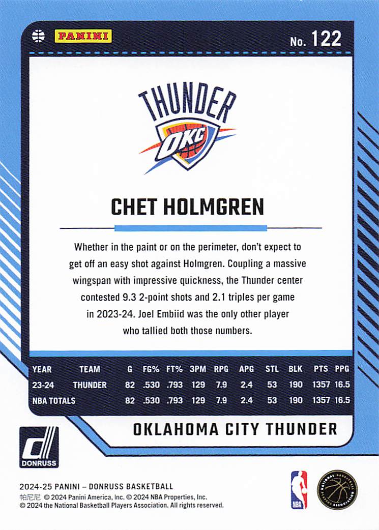 2024-25 Donruss Basketball Chet Holmgren #122