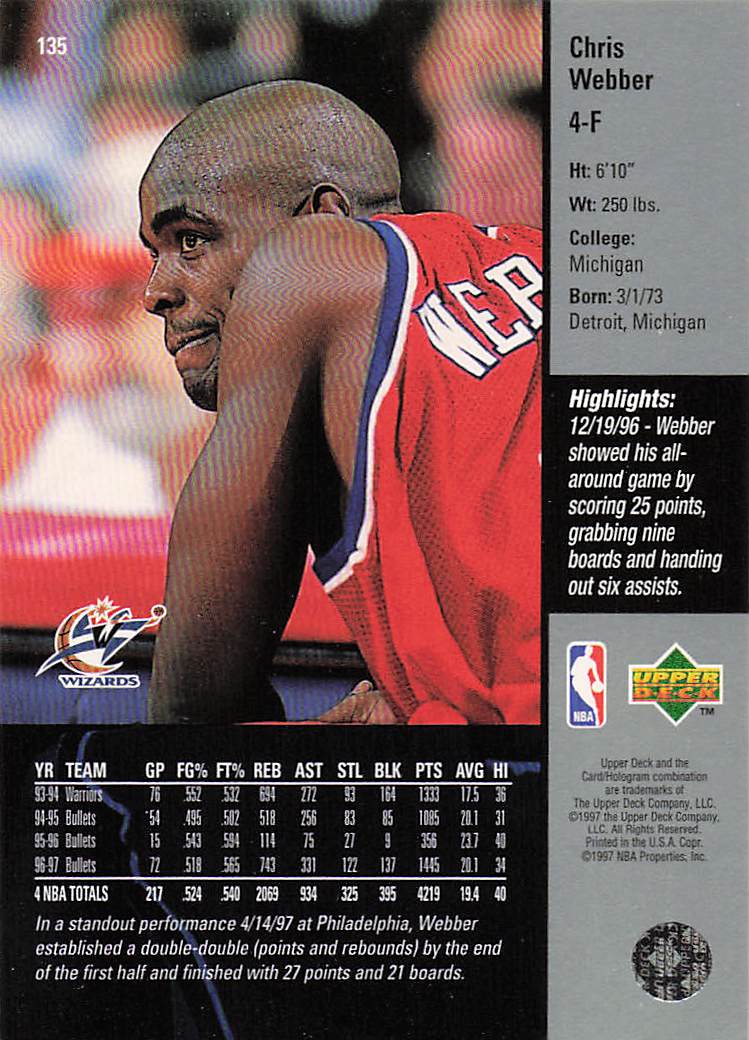 1997-98 Upper Deck Basketball Chris Webber #135