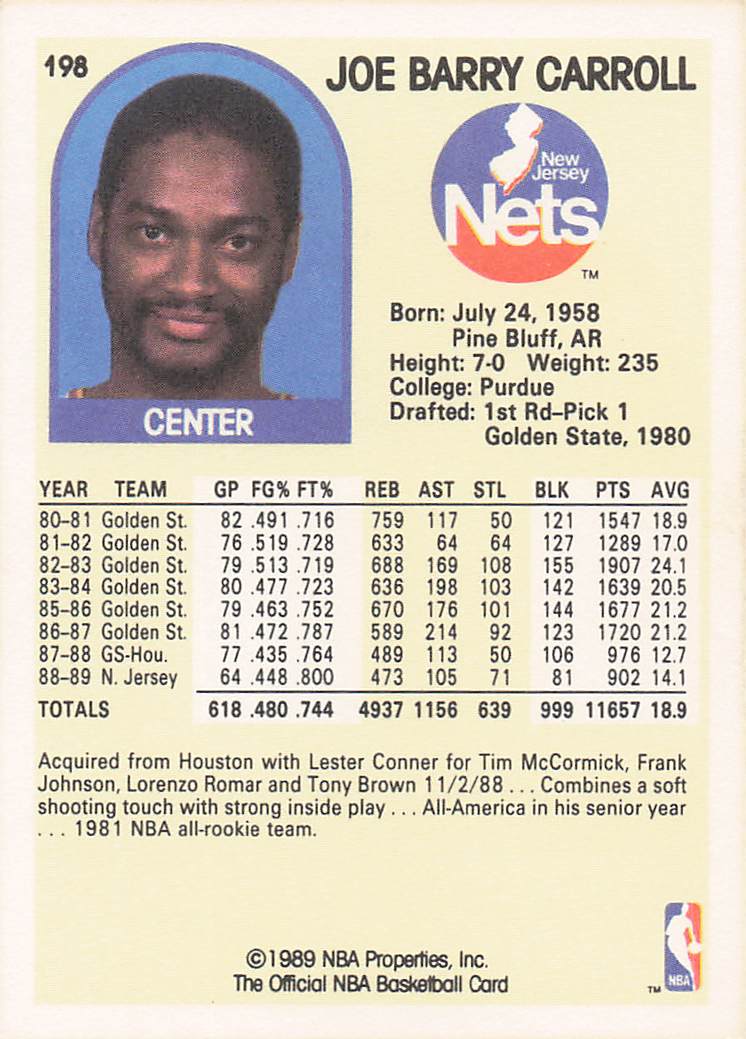 1989-90 Hoops Basketball Joe Barry Carroll #198