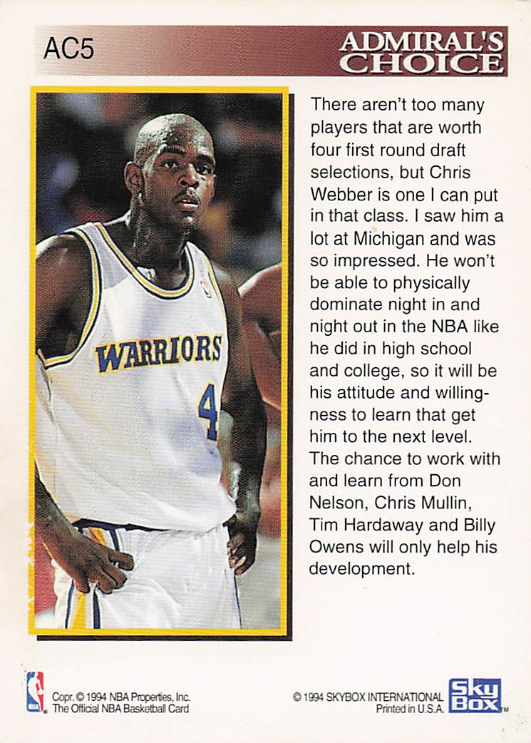 1993-94 Hoops Basketball Admiral's Choice Chris Webber #AC5