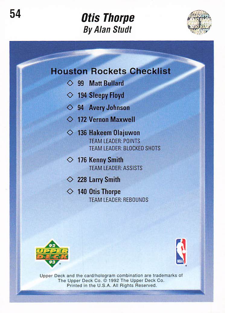 1992-93 Upper Deck Basketball Otis Thorpe #54b