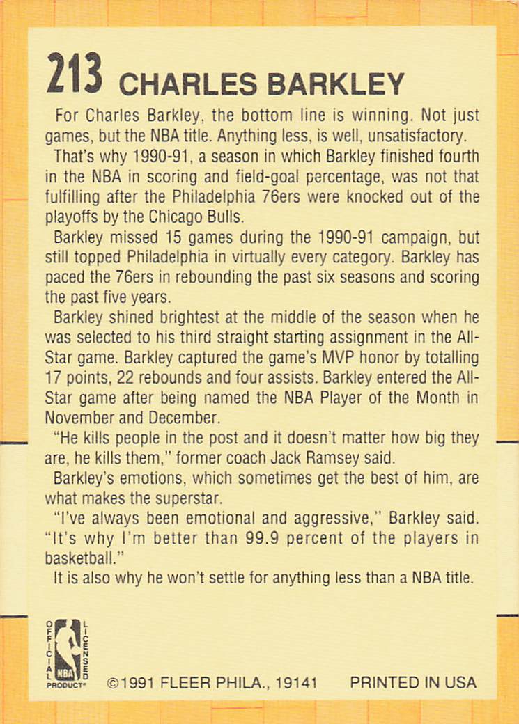 1991-92 Fleer Basketball Charles Barkley #213