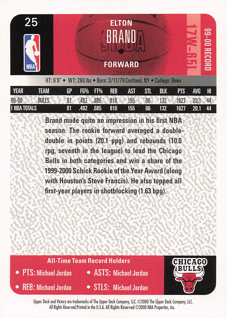 2000-01 Upper Deck Victory Basketball Elton Brand #25