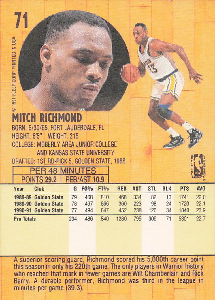 1991-92 Fleer Basketball Mitch Richmond #71