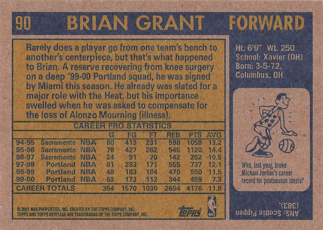 2000-01 Topps Heritage Basketball Brian Grant #90
