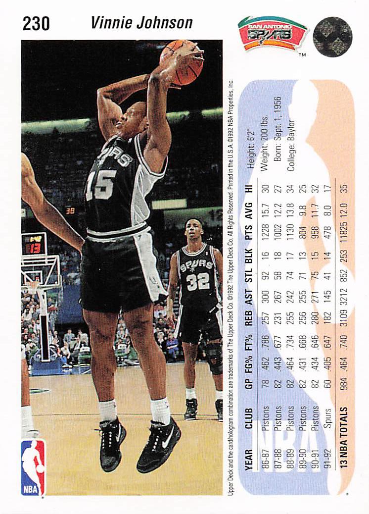 1992-93 Upper Deck Basketball Vinnie Johnson #230