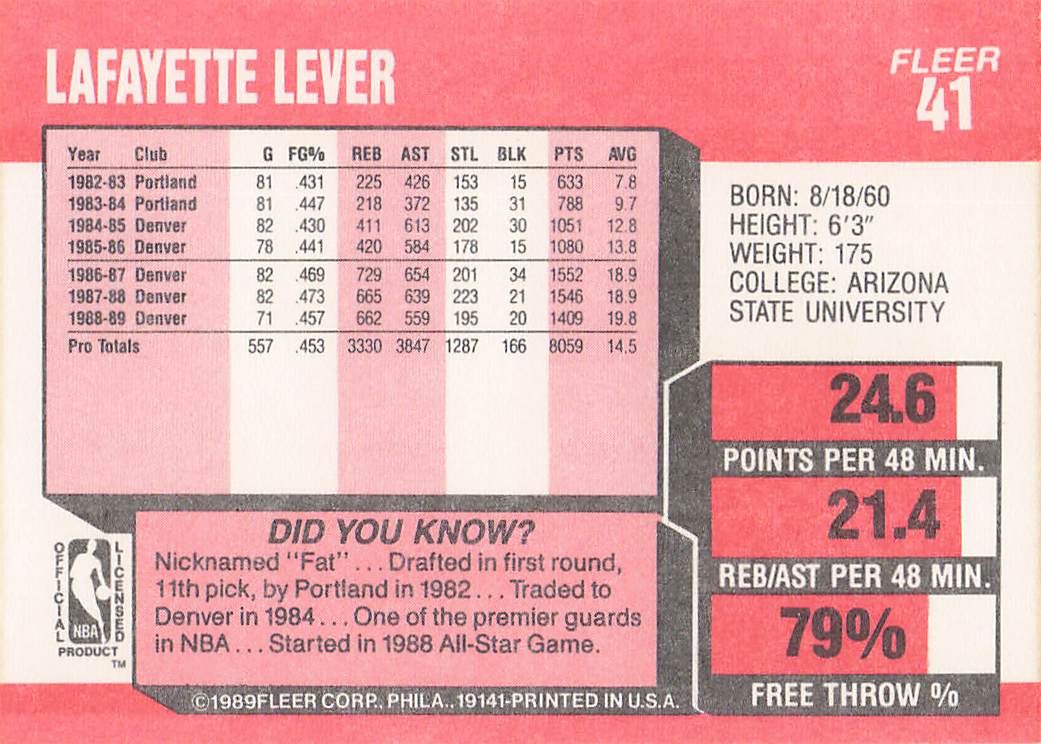 1989-90 Fleer Basketball Lafayette Lever #41