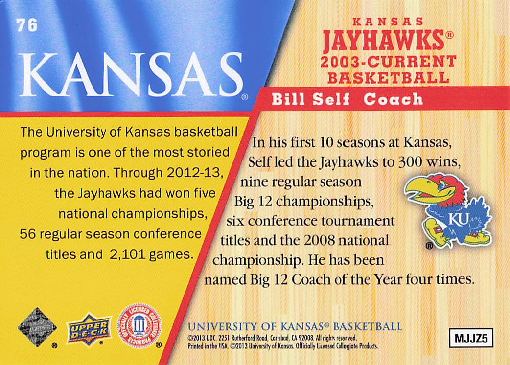2013 Upper Deck University of Kansas Basketball Bill Self #76
