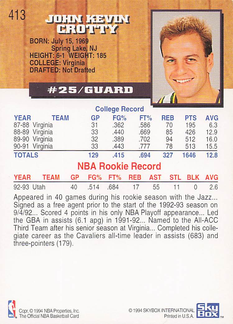 1993-94 Hoops Basketball John Crotty #413