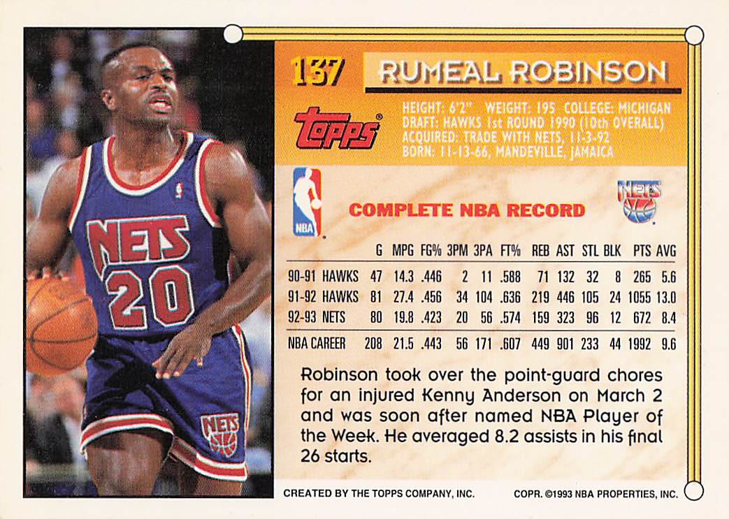 1993-94 Topps Basketball Rumeal Robinson #137