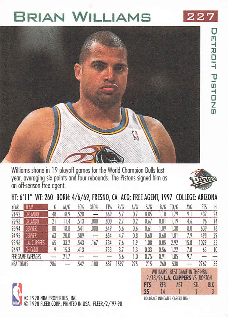 1997-98 Fleer Basketball Brian Williams #227