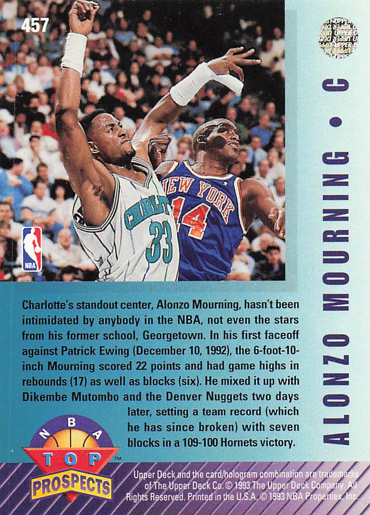 1992-93 Upper Deck Basketball Alonzo Mourning #457