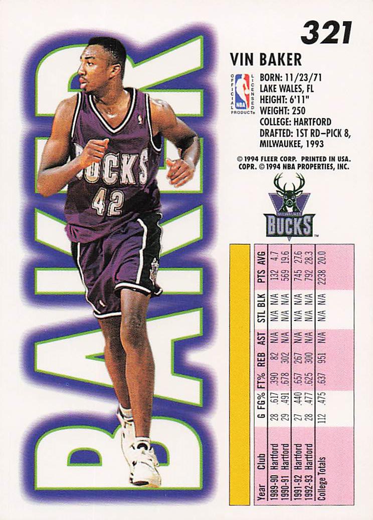 1993-94 Fleer Basketball Vin Baker #321 Rookie