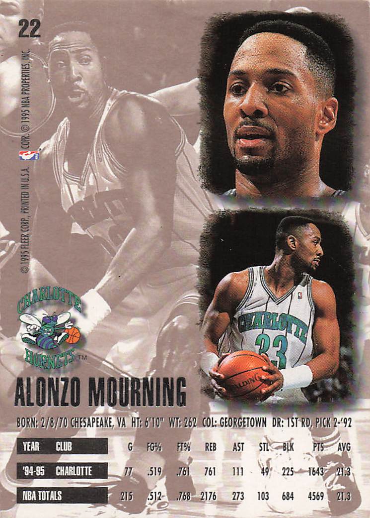 1995-96 Ultra Basketball Alonzo Mourning #22