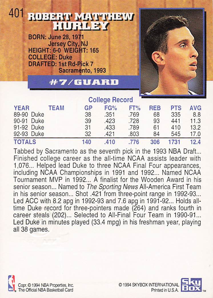 1993-94 Hoops Basketball Fifth Anniversary Gold Bobby Hurley #401 Rookie