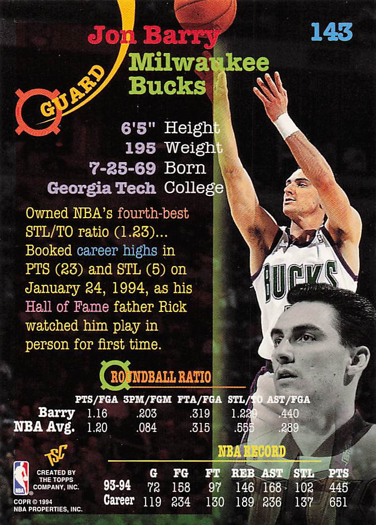 1994-95 Stadium Club Basketball Jon Barry #143