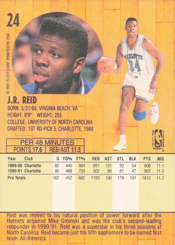 1991-92 Fleer Basketball J.R. Reid #24