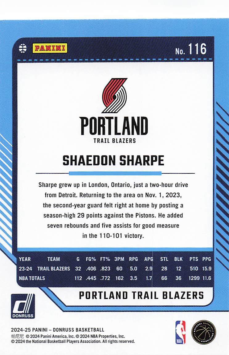 2024-25 Donruss Basketball Shaedon Sharpe #116