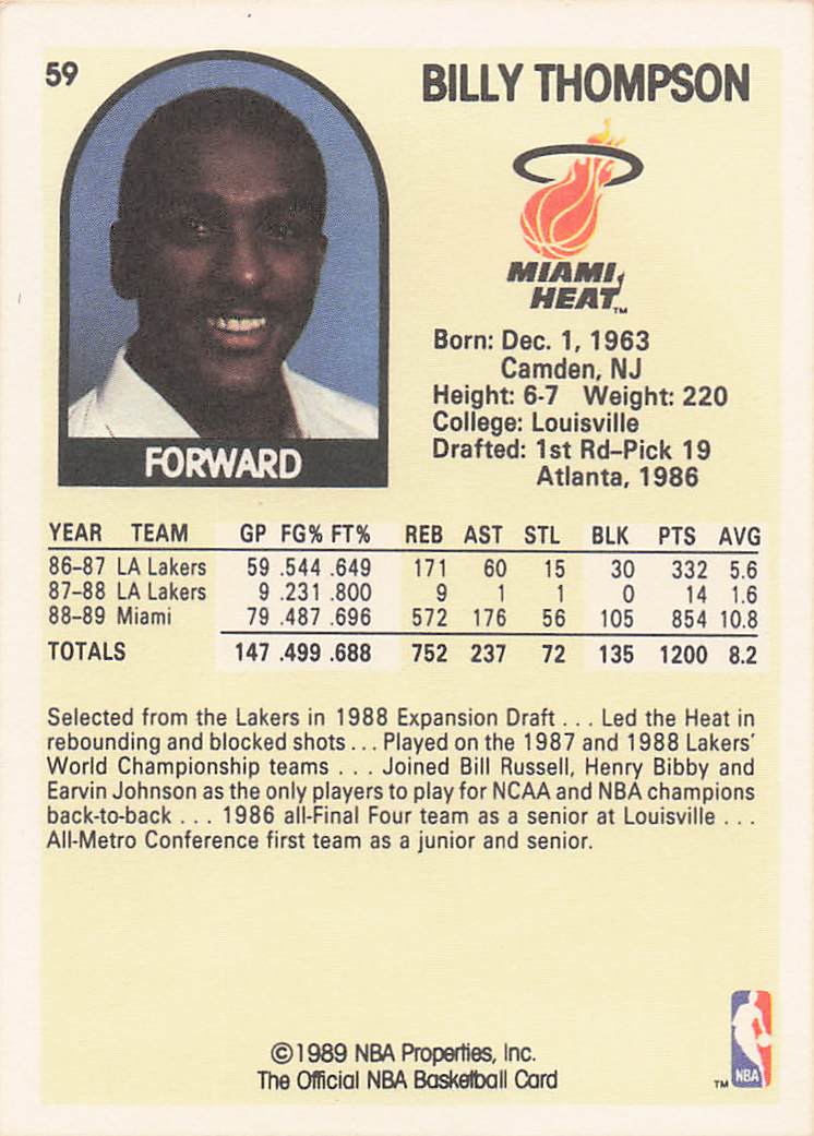 1989-90 Hoops Basketball Billy Thompson #59 Rookie