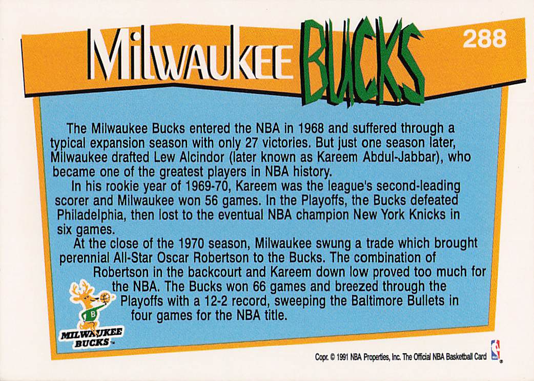 1991-92 Hoops Basketball Milwaukee Bucks #288