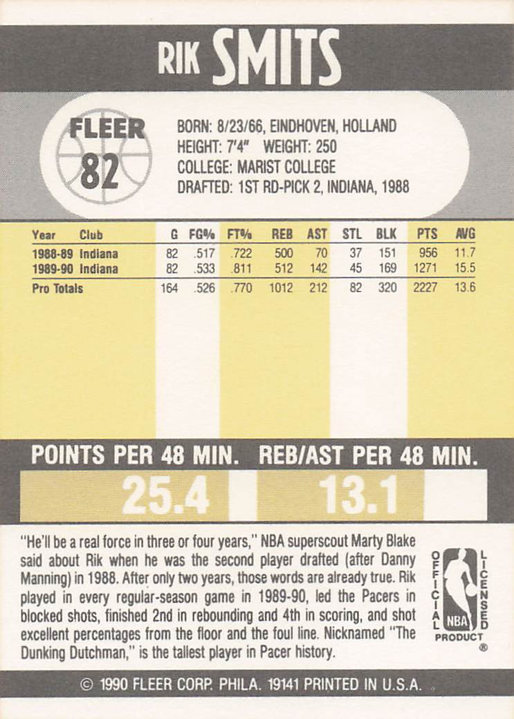 1990-91 Fleer Basketball Rik Smits #82