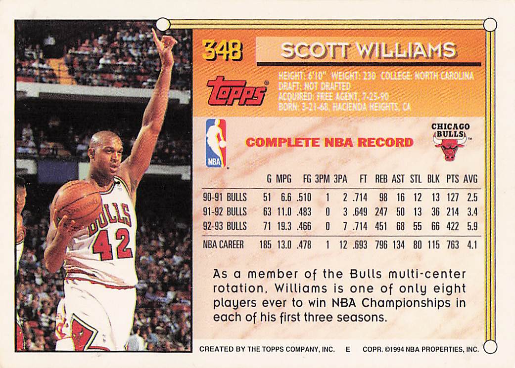 1993-94 Topps Basketball Scott Williams #348