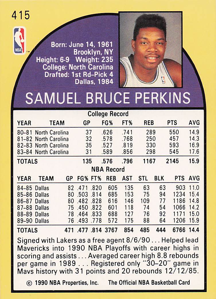 1990-91 Hoops Basketball Sam Perkins #415