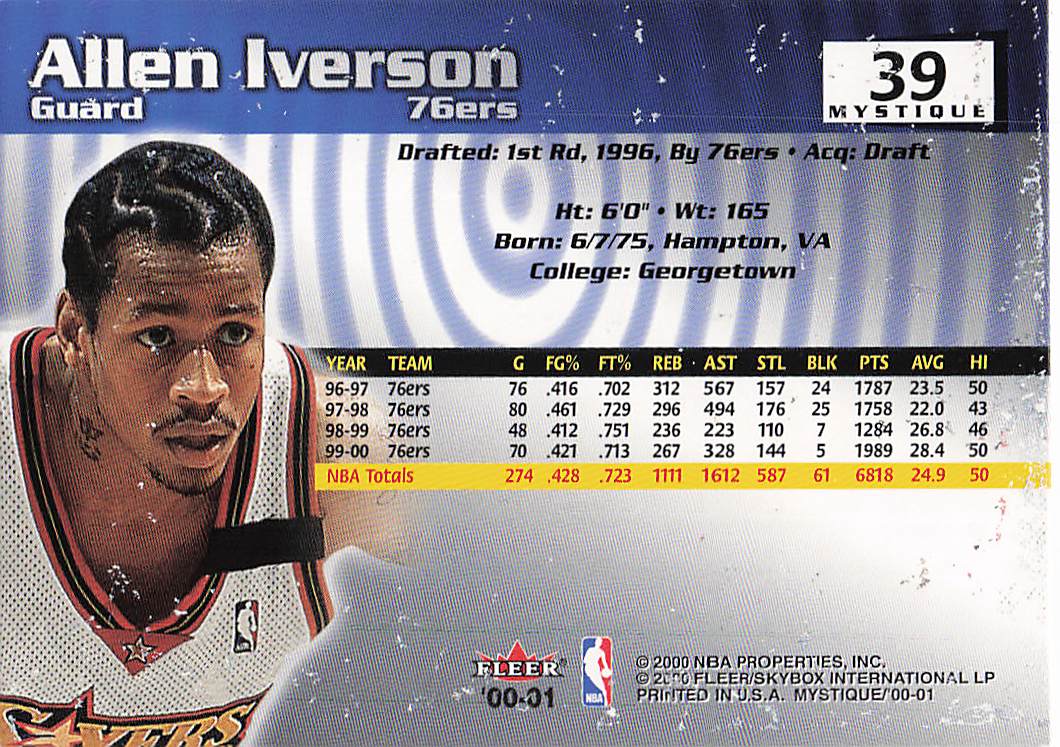 2000-01 Fleer Mystique Basketball Allen Iverson #39