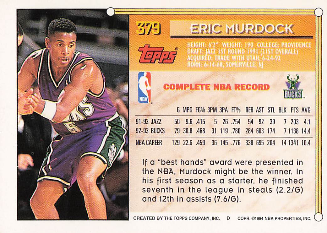 1993-94 Topps Basketball Eric Murdock #379