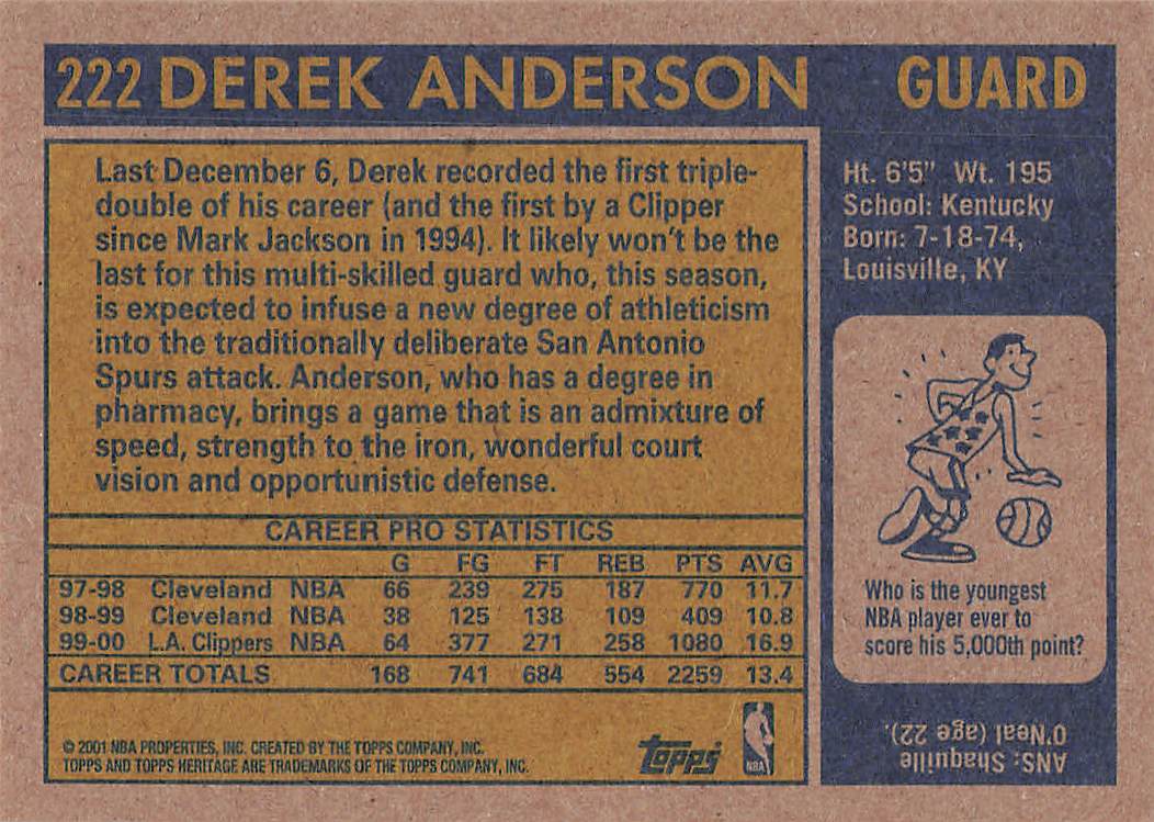 2000-01 Topps Heritage Basketball Derek Anderson #222