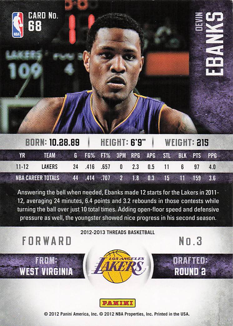 2012-13 Panini Threads Basketball Devin Ebanks #68