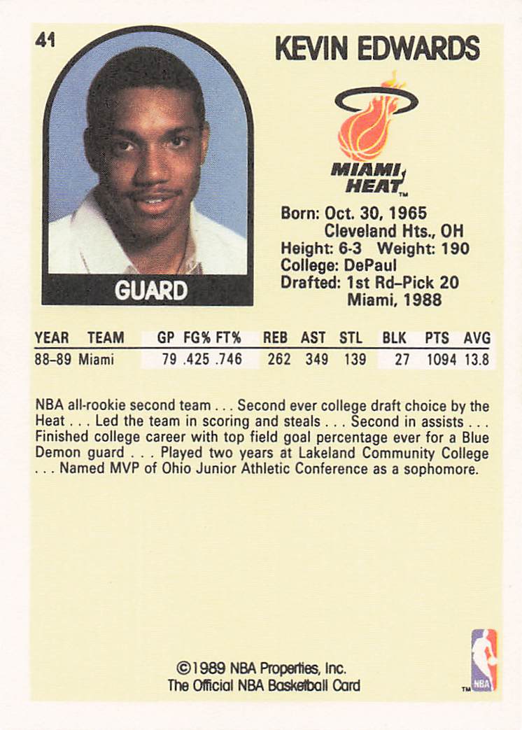 1989-90 Hoops Basketball Kevin Edwards #41 Rookie