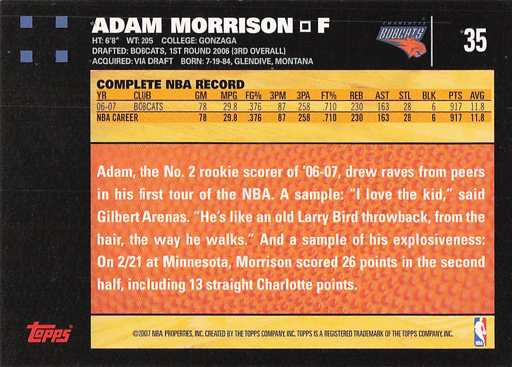 2007-08 Topps Basketball Adam Morrison #35