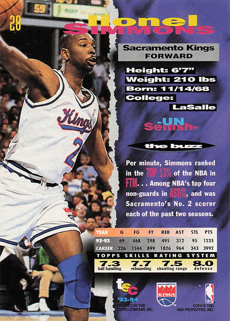 1993-94 Stadium Club Basketball Lionel Simmons #28