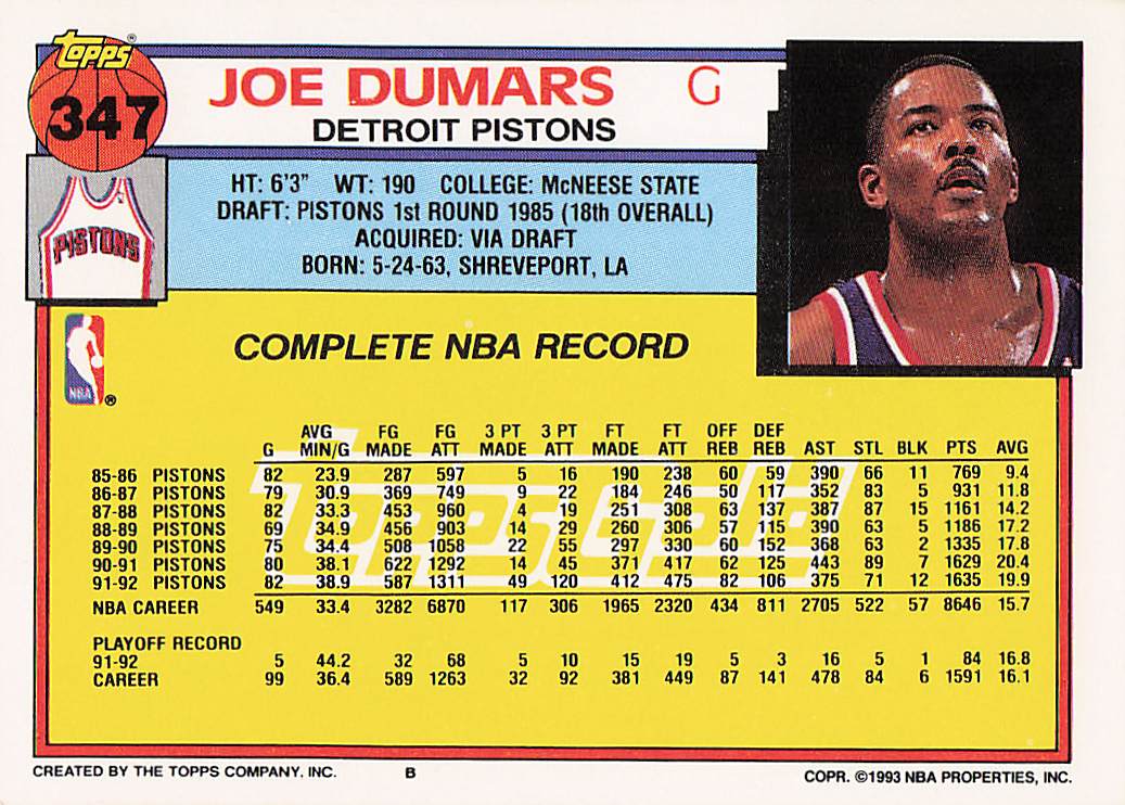 1992-93 Topps Basketball Joe Dumars #347